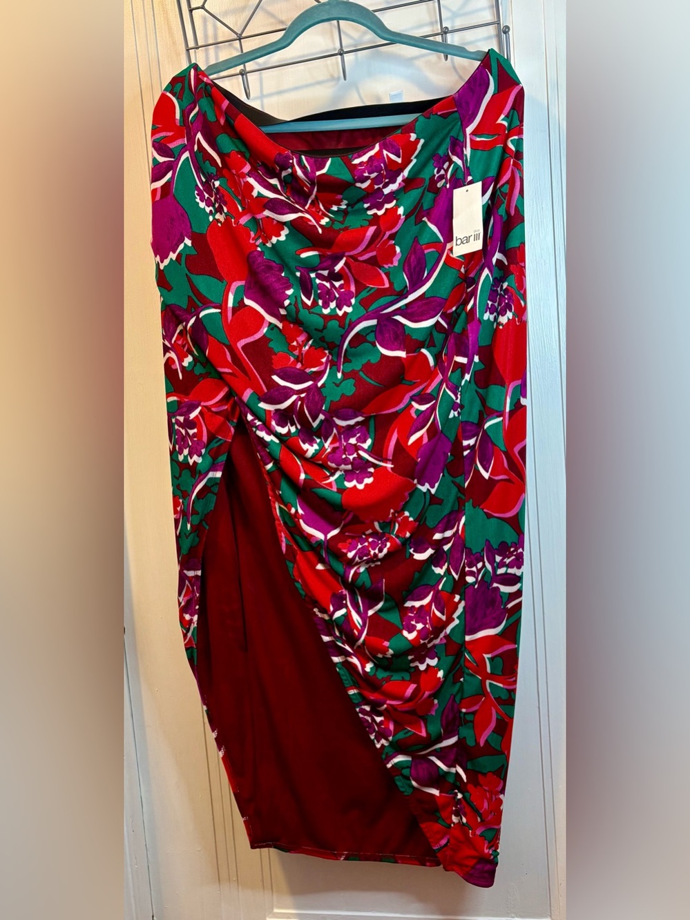 Bar III Red Floral Asymmetrical Skirt with Green & Purple Accents